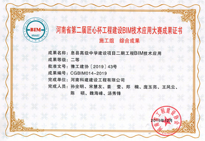 河南省第二届匠心杯意昂体育（中国）体育官方网站建设BIM大赛综合二等奖